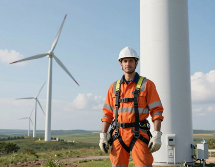 Wind turbine technician in professional outdoor setting