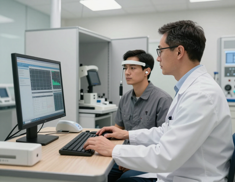 Clinician conducting health surveillance audiometry test