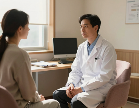 Clinician in calm consultation with patient