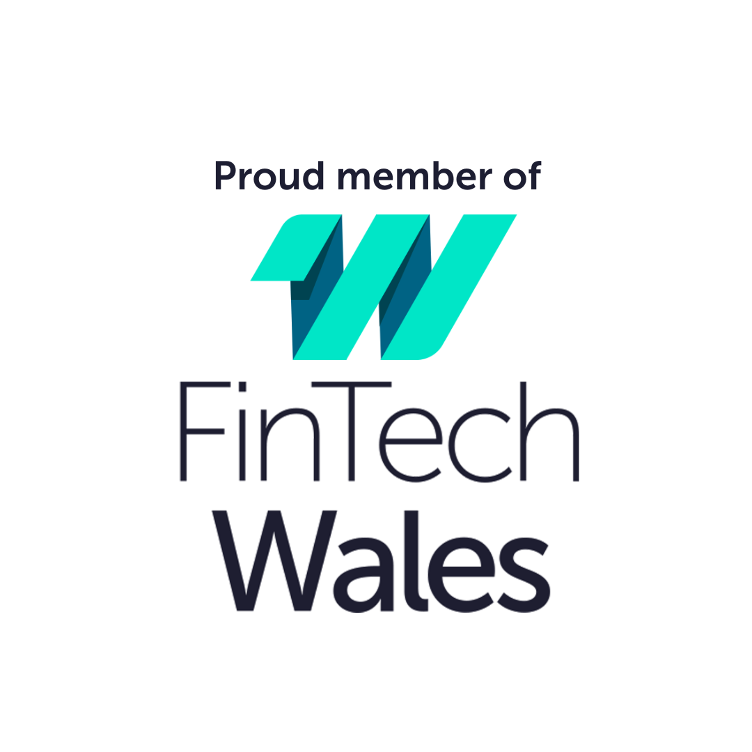 FinTech Wales logo with teal and navy text, “Proud member of” above a stylized W mark.
