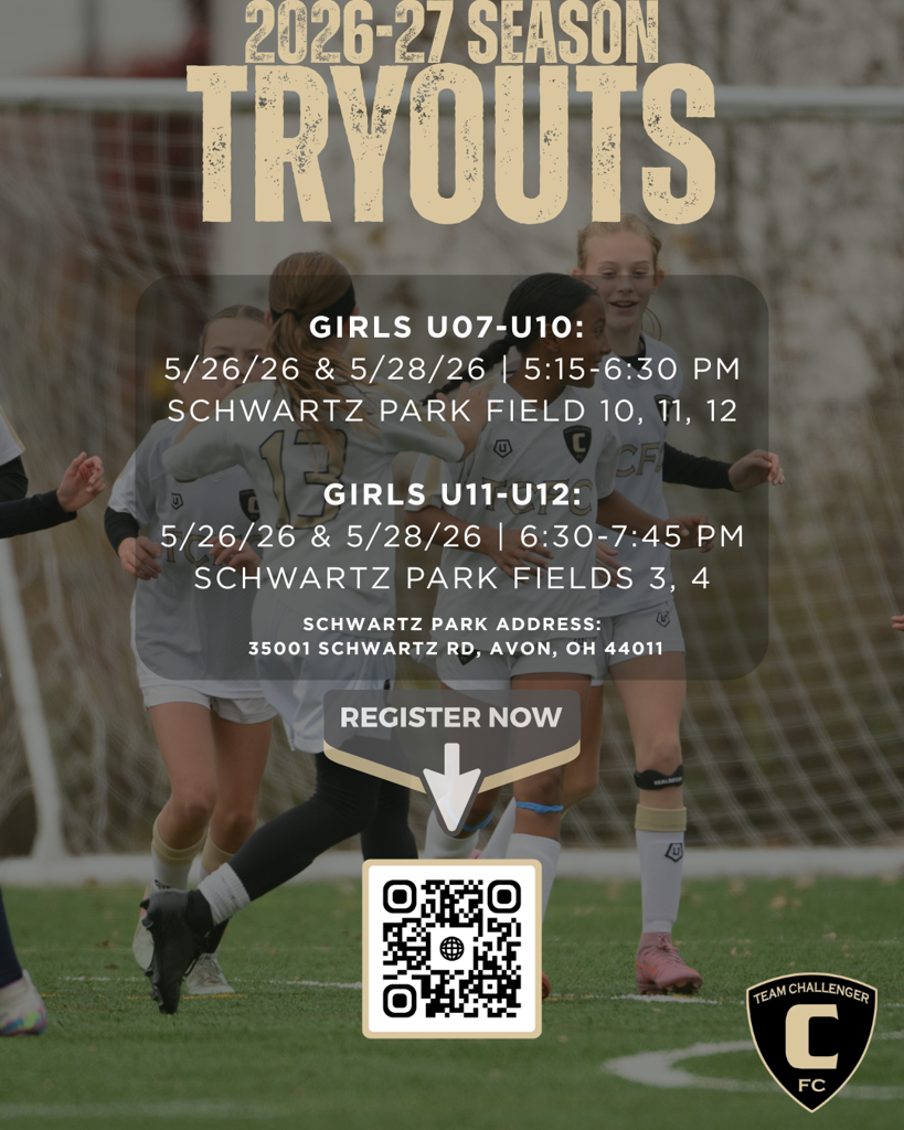 Team Challenger FC 2026-27 girls soccer tryouts poster
