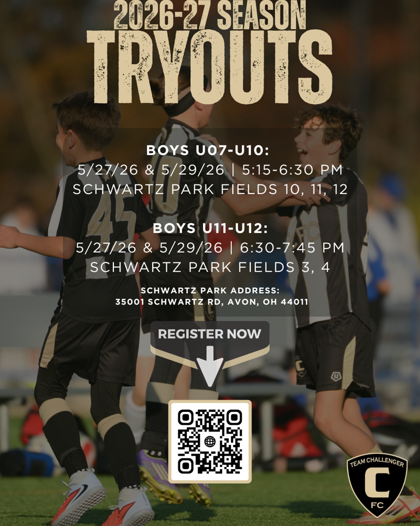 Team Challenger FC 2026-27 boys tryouts poster
