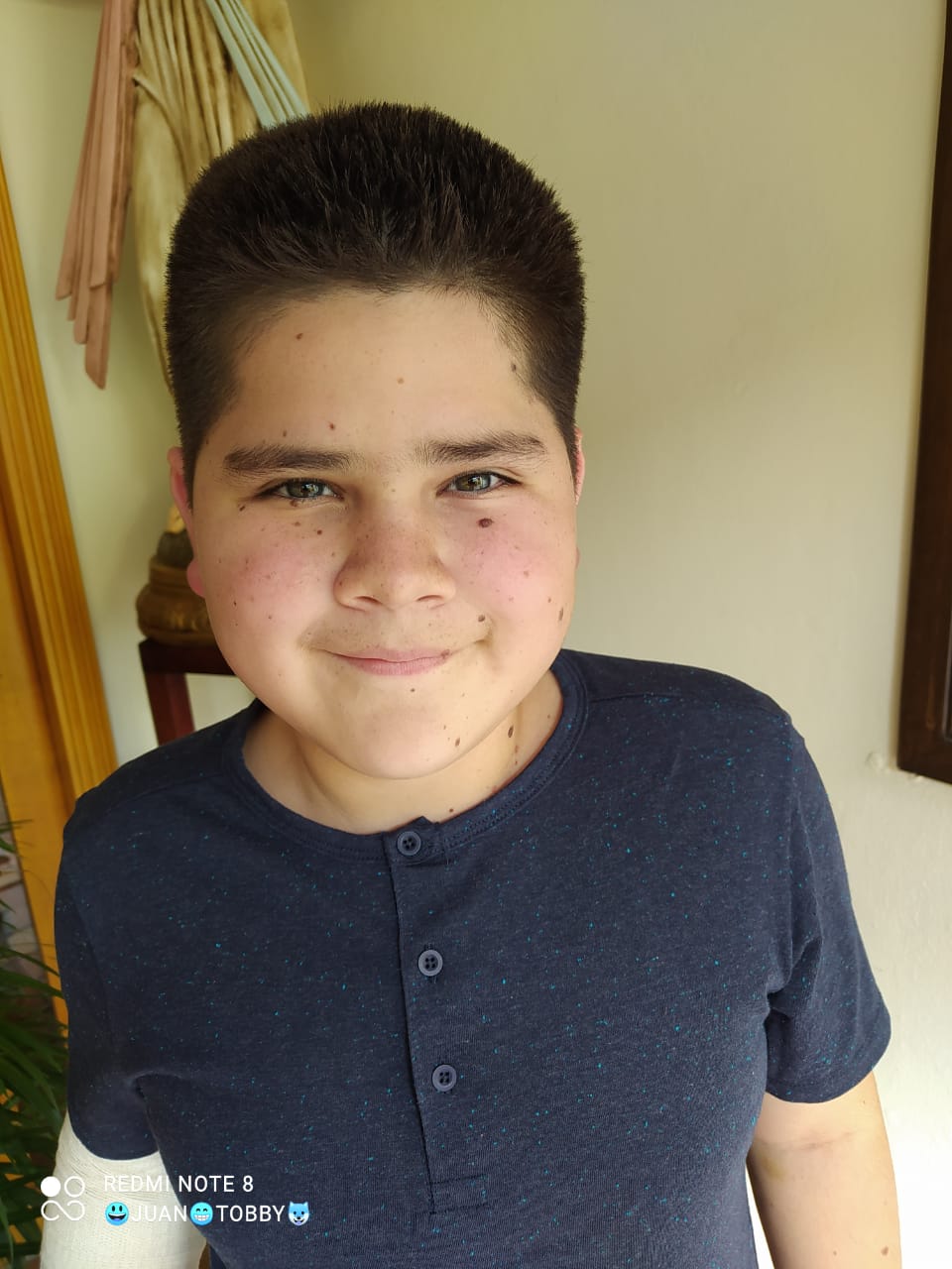 Un niño con una camisa azul oscuro sonríe a la cámara, cara pecosa, cabello castaño, entorno interior.