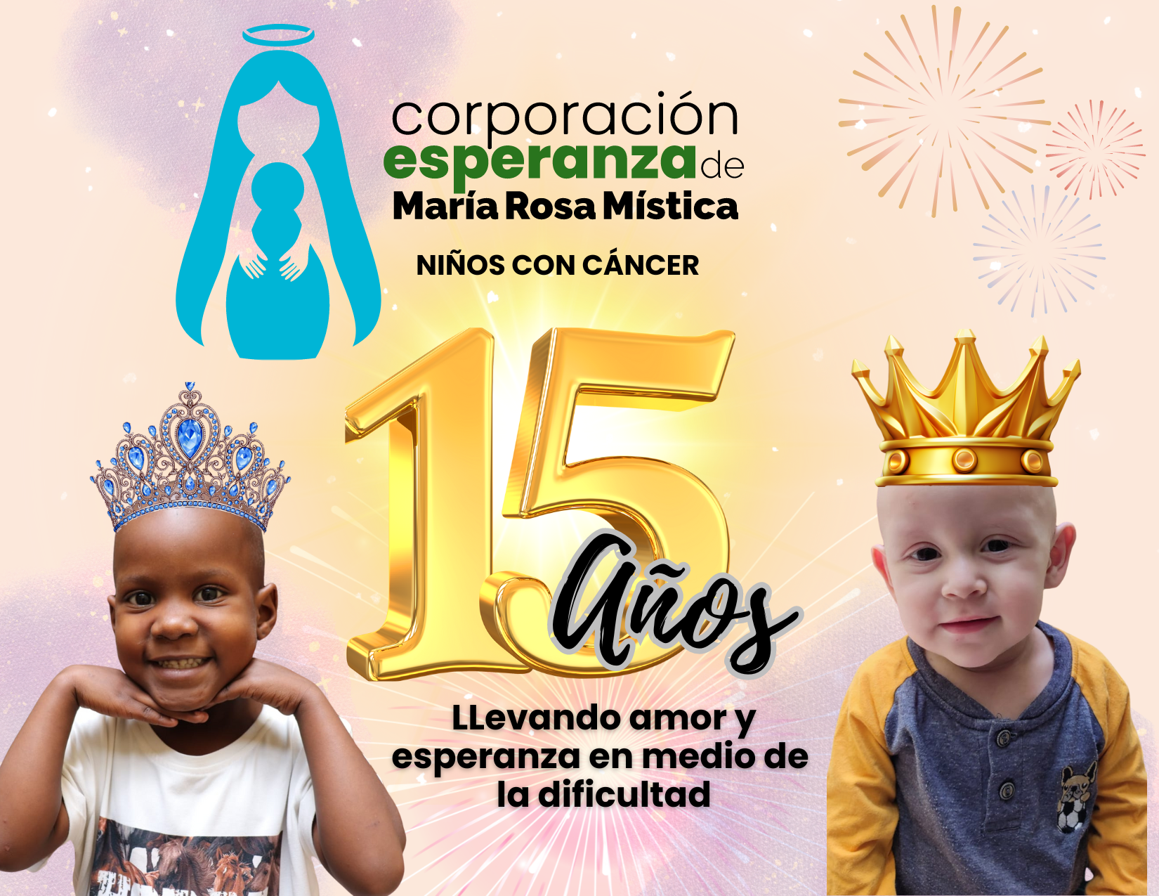 Poster for Corporación Esperanza celebrating 15 years, featuring children with crowns, and the words 