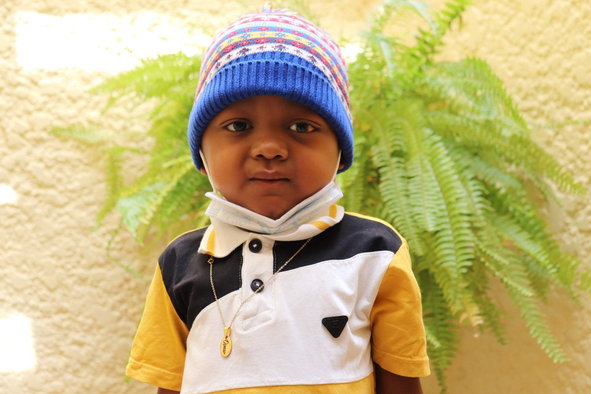 Niño con un sombrero azul y una máscara, de pie frente a un helecho contra una pared texturizada.