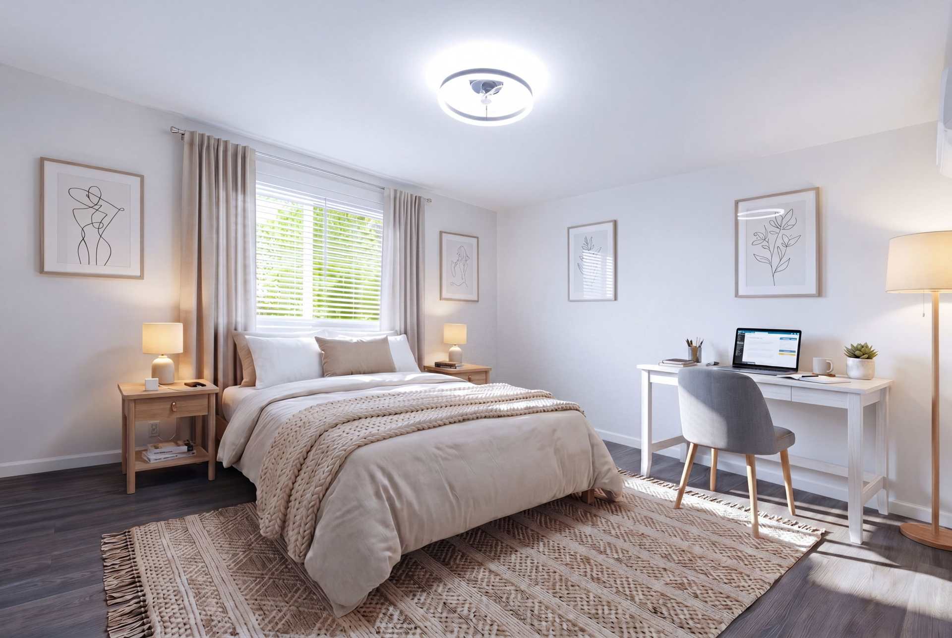 Bright bedroom with a bed, desk, lamp, and neutral decor in soft gray and beige tones