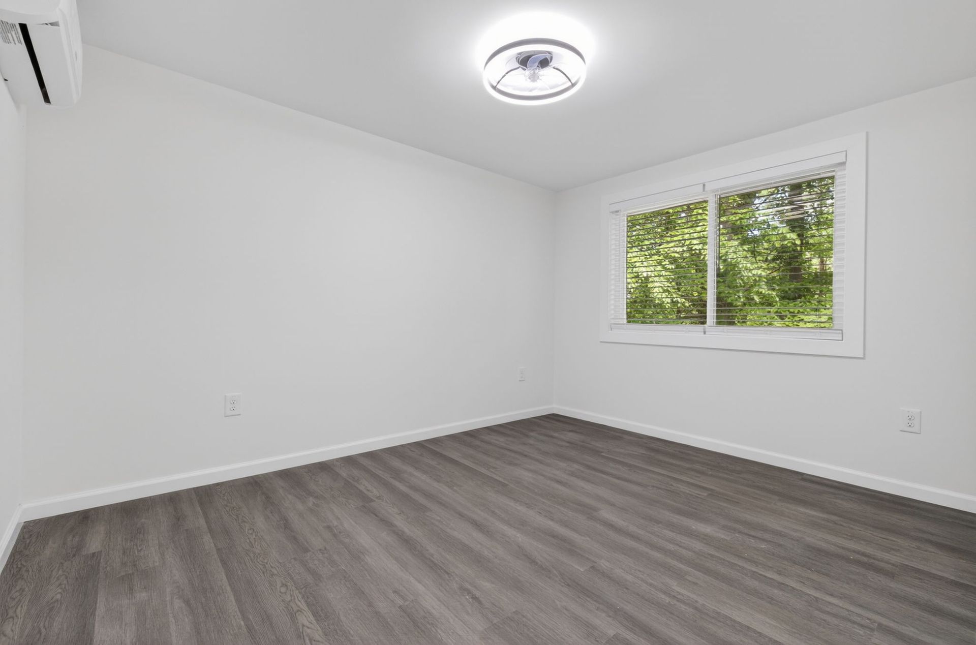 Empty white room with gray wood floors and a window overlooking green trees