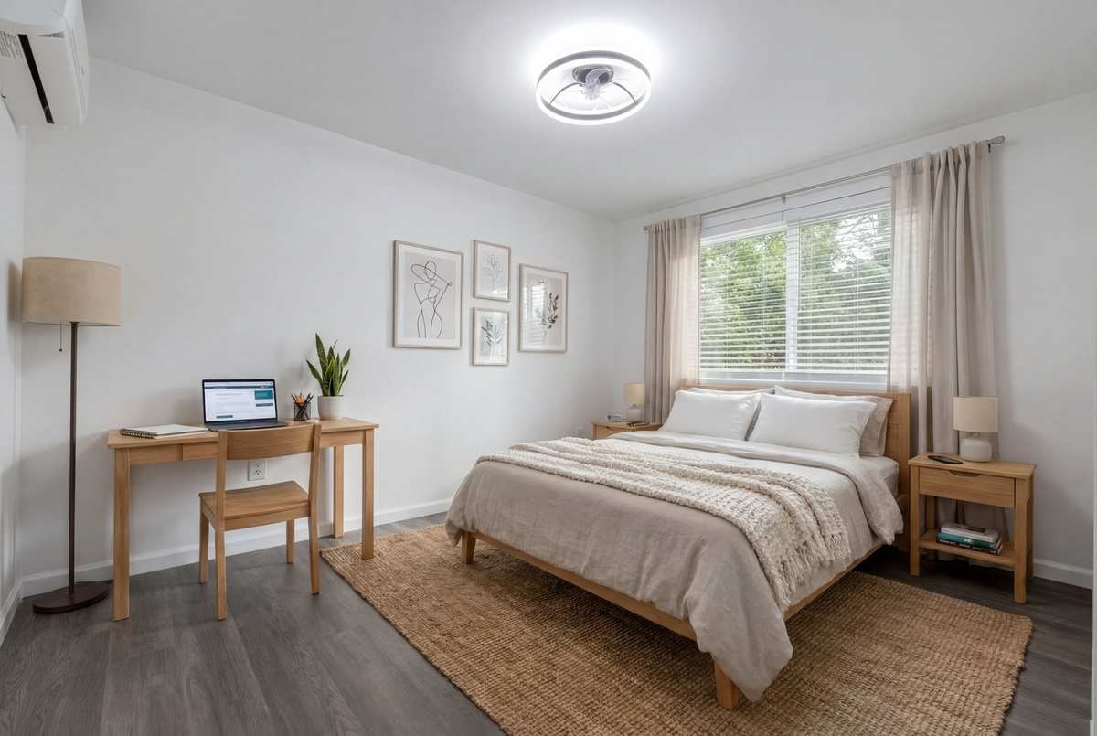 Bright minimalist bedroom with bed, desk, window, and beige rug