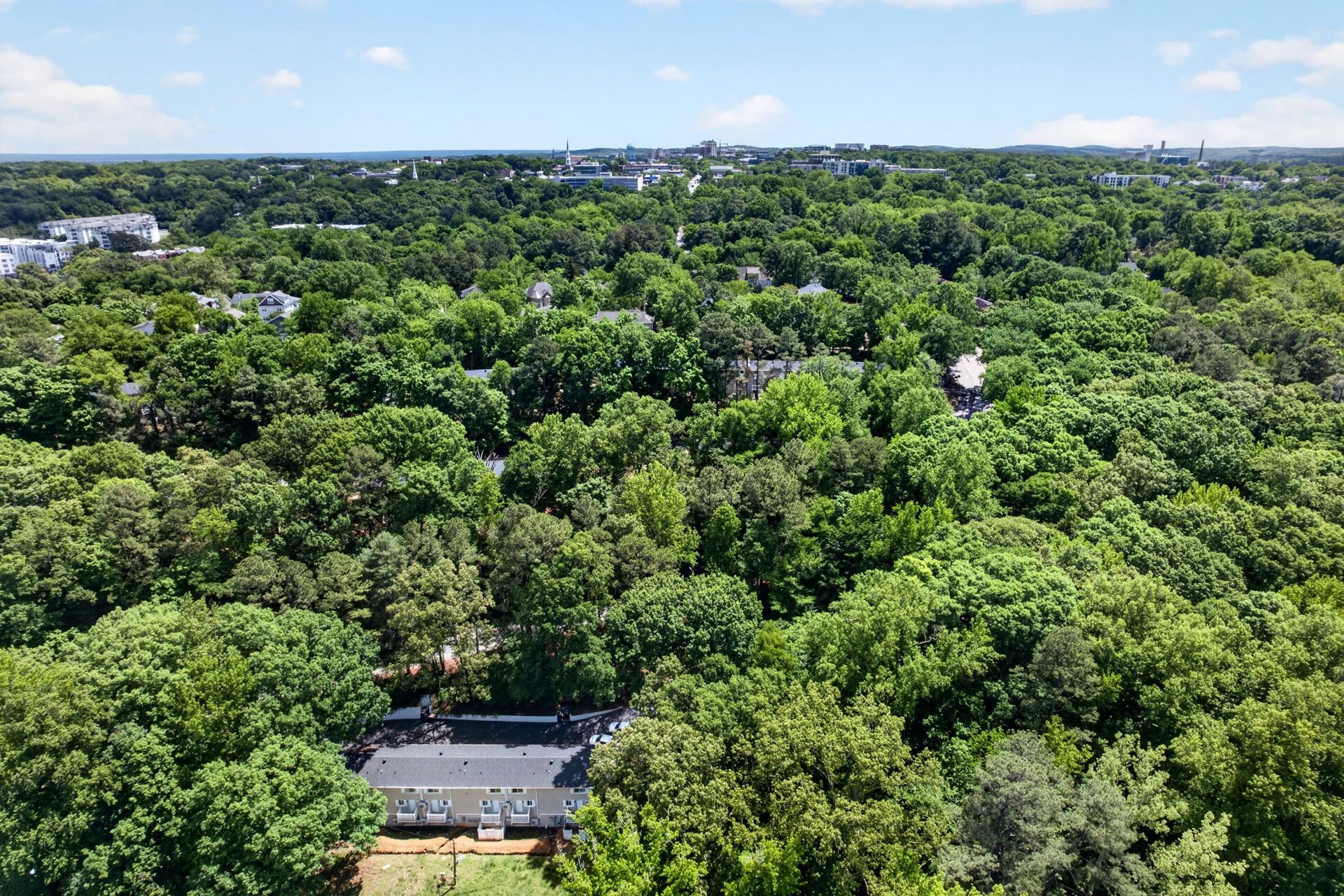 Aerial view of a dense green forest with a few buildings under a blue sky
