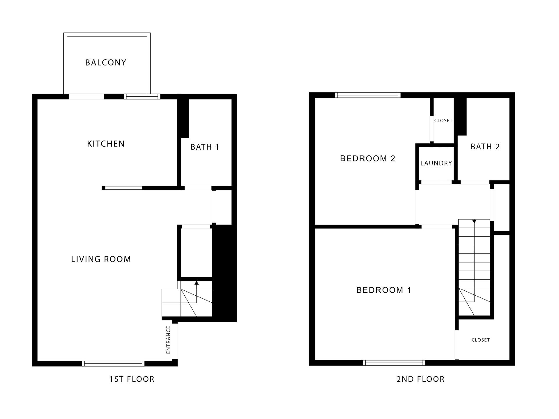 Two-story house floor plan with bedroom, living room, kitchen, closets, stairs, and entry porch.