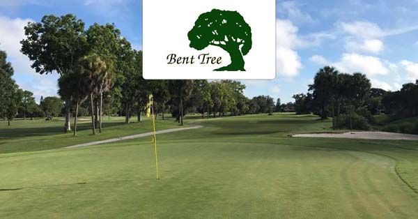 Golf course with green grass and trees under a blue sky. The Bent Tree logo is in the top center.