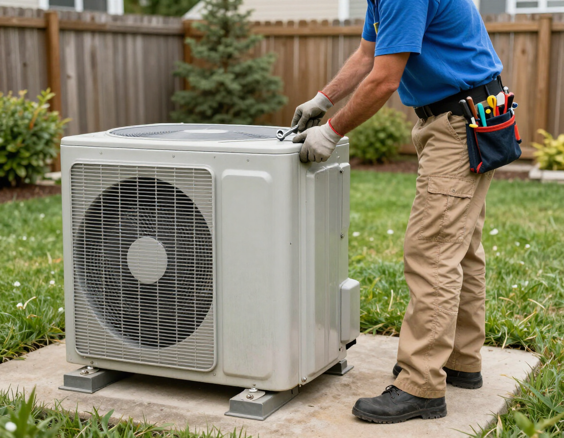 HVAC technician performing scheduled maintenance on an outdoor unit