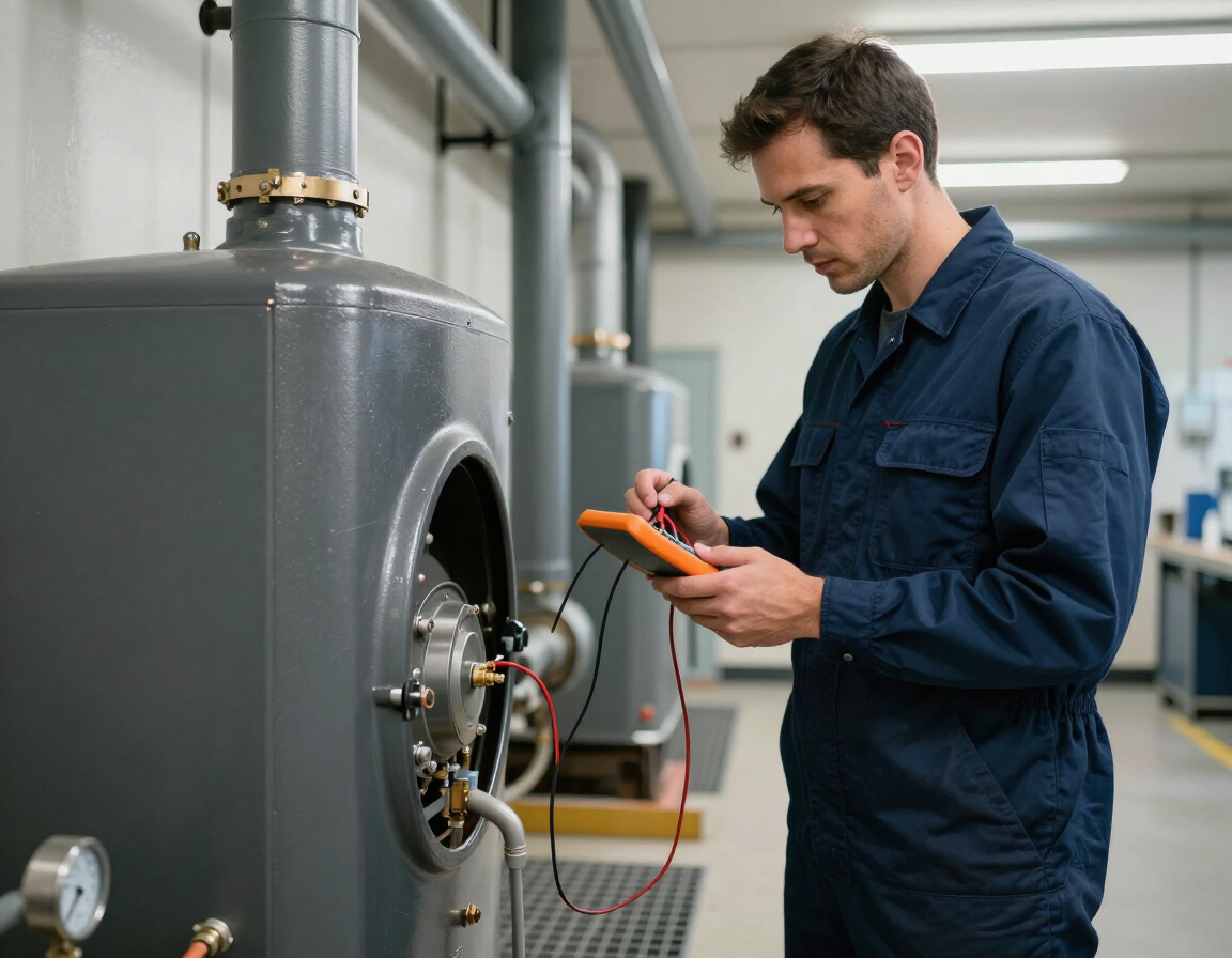 HVAC technician inspecting furnace equipment with diagnostic tools during maintenance