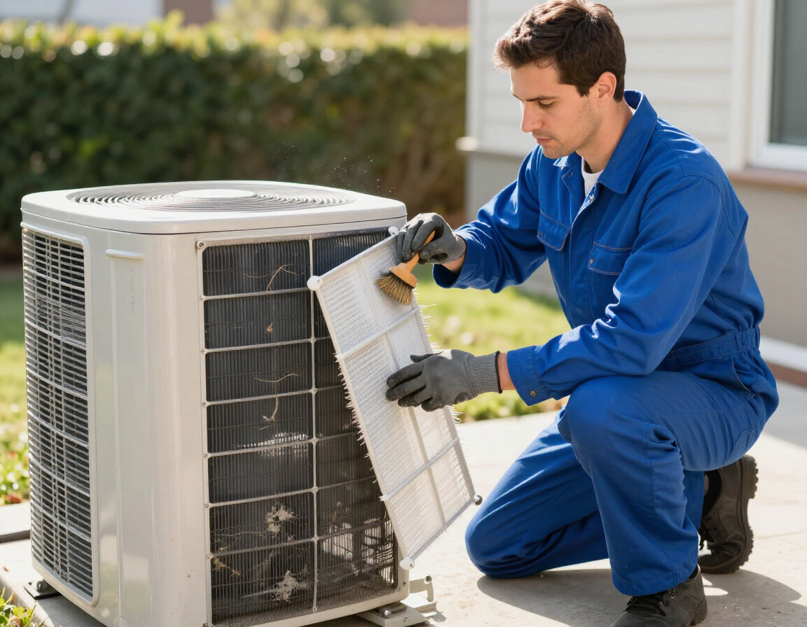 HVAC technician cleaning coils and filters during a maintenance visit