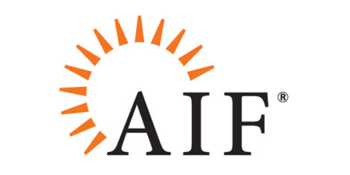 Logo for AIF, featuring the letters "AIF" in black text with a stylized orange sunburst above.