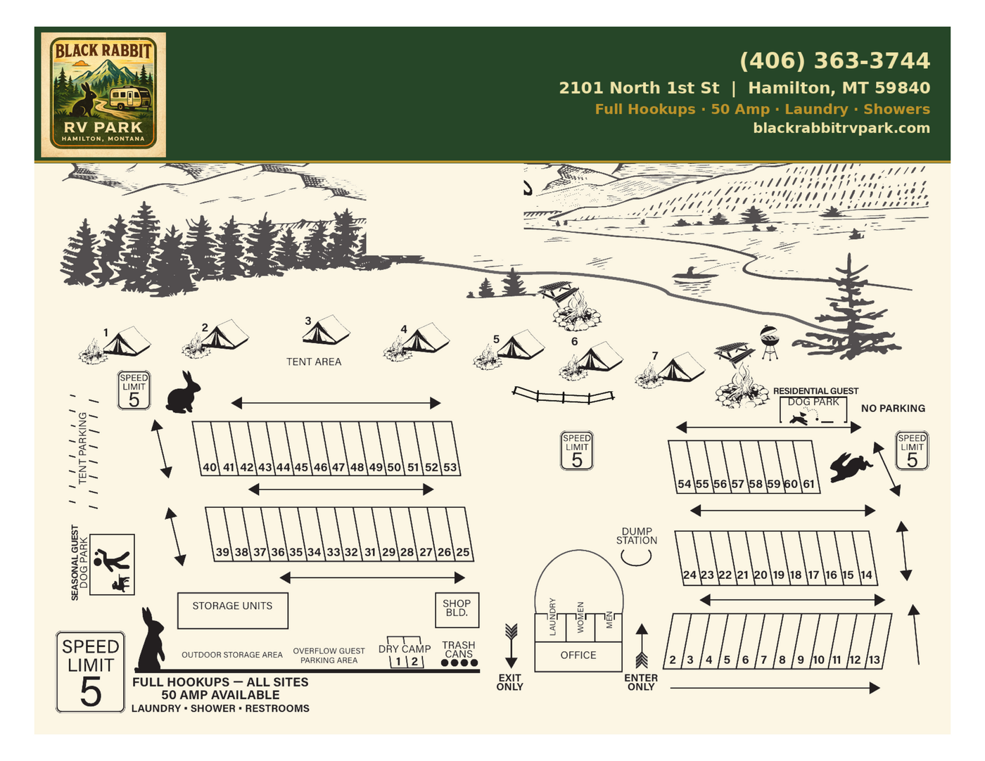 A black and white poster for black rabbit rv park