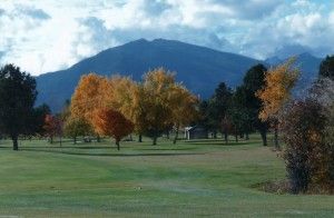 A golf course with trees and mountains in the background.