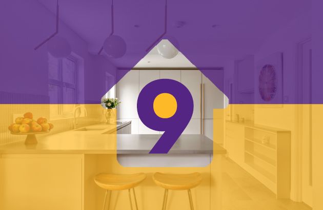 Purple number 9 over a yellow-tinted classroom or dining room interior, with a house-shaped frame behind it