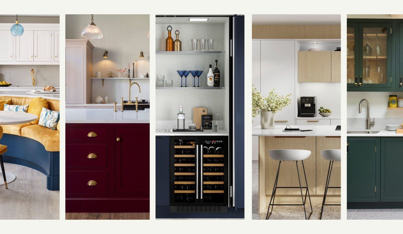Collage of five modern kitchens with colorful cabinets and sleek countertops