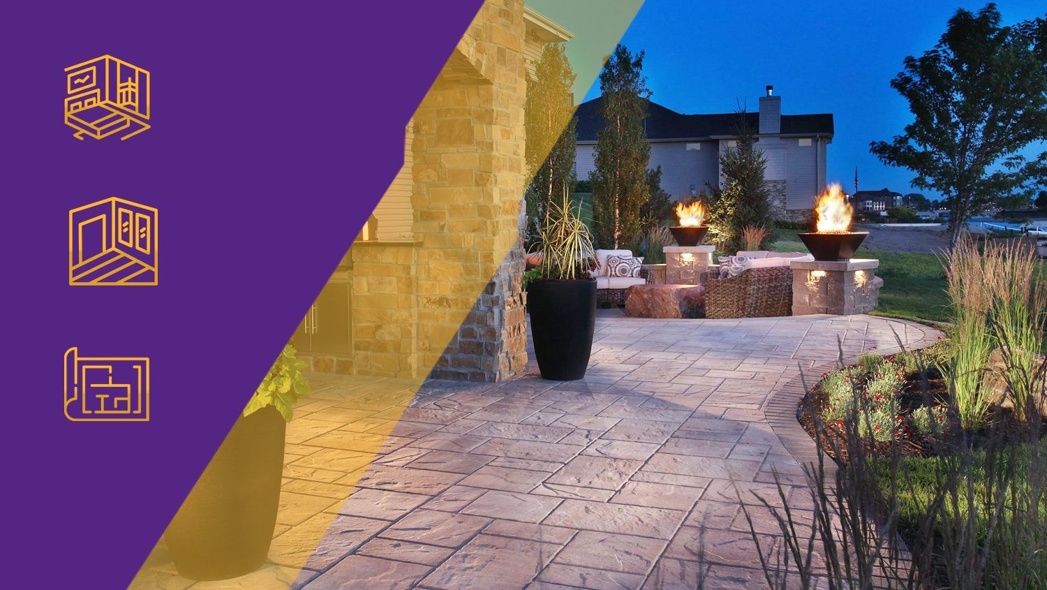 Evening stone patio with outdoor seating, lantern lights, and garden plants beside a building