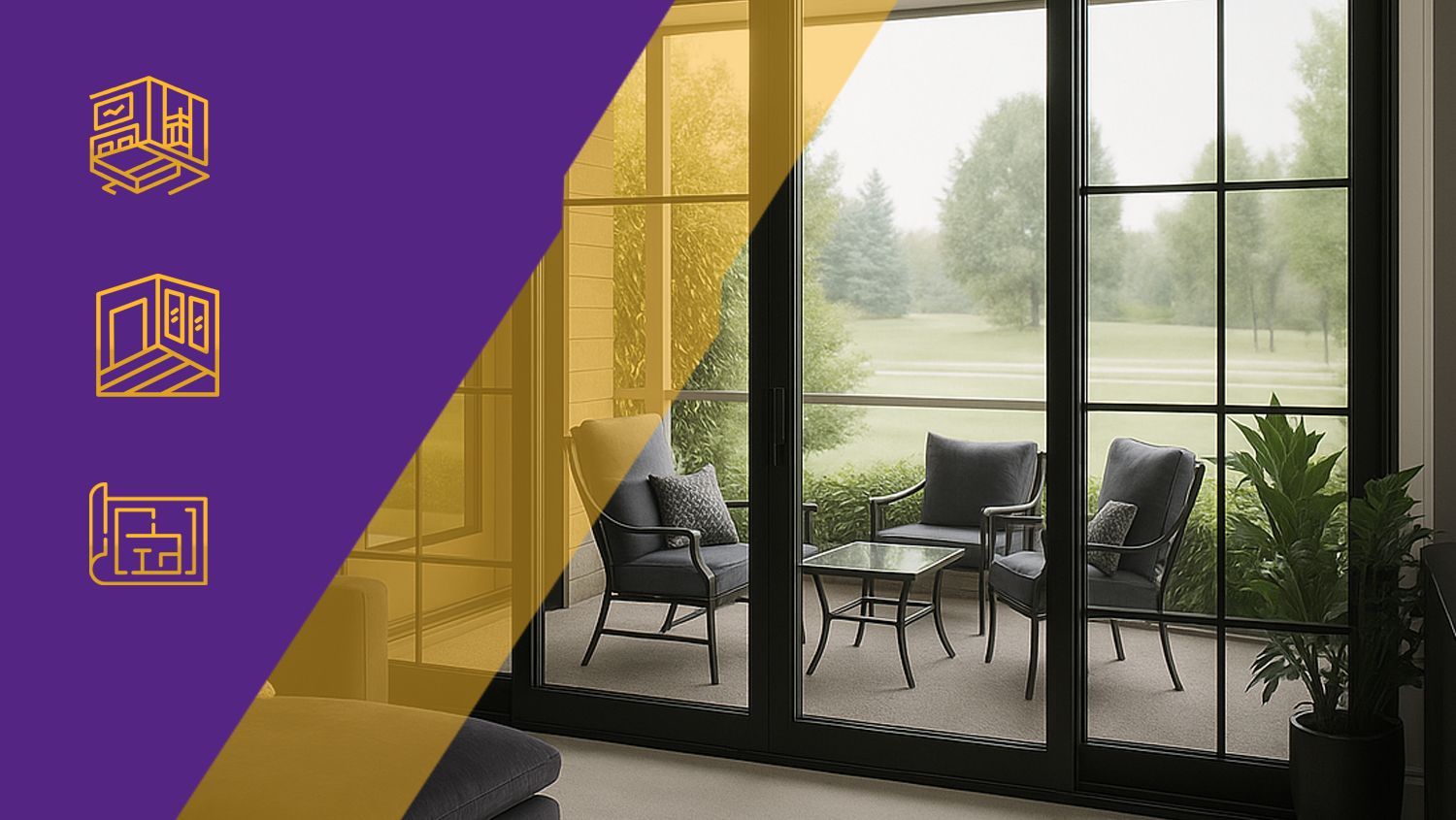 Purple and gold graphic overlay on a patio door view of a sunlit outdoor seating area.