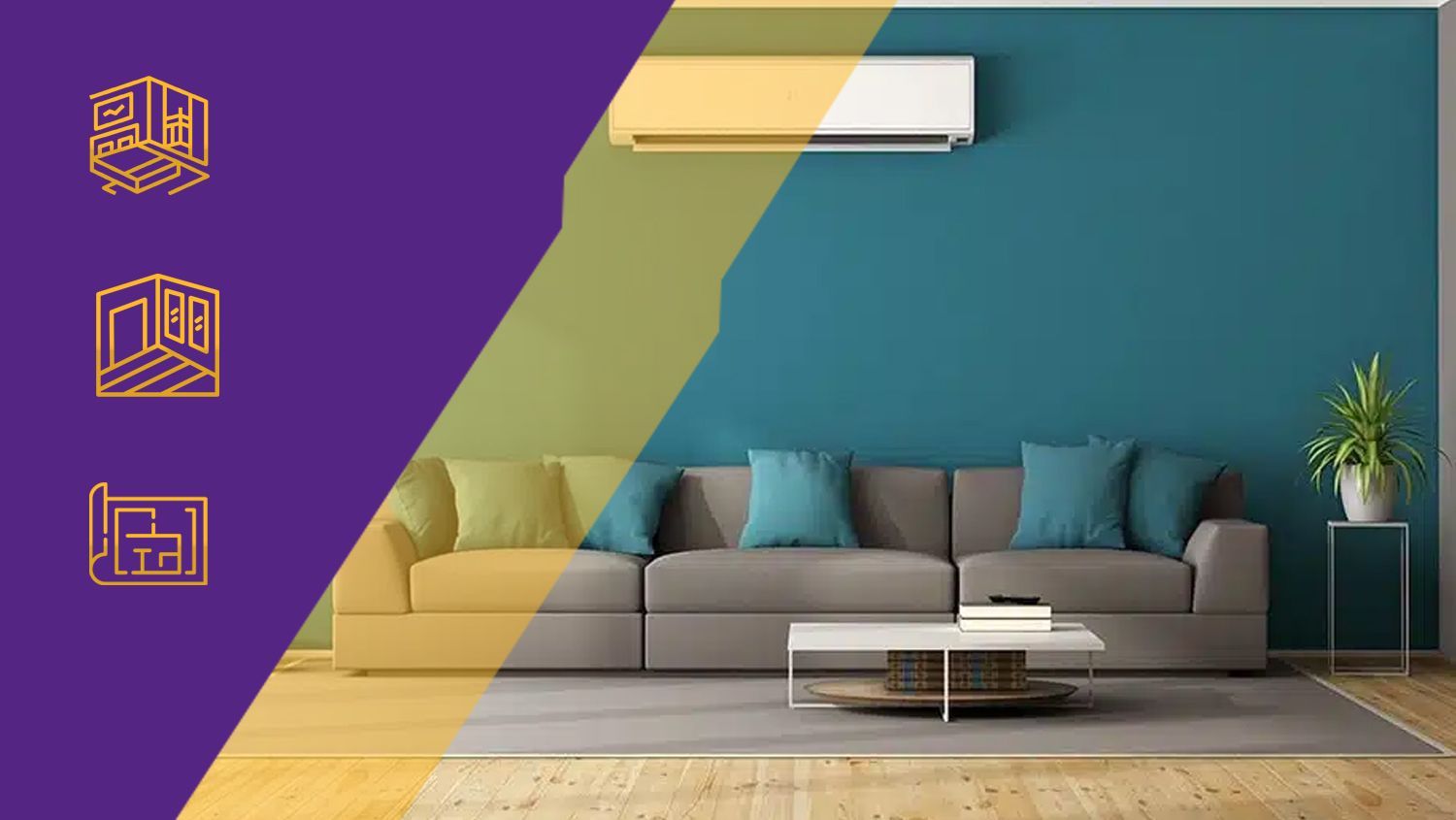 Stylish living room with teal wall, gray sofa, yellow chair, wall art, and potted plant.