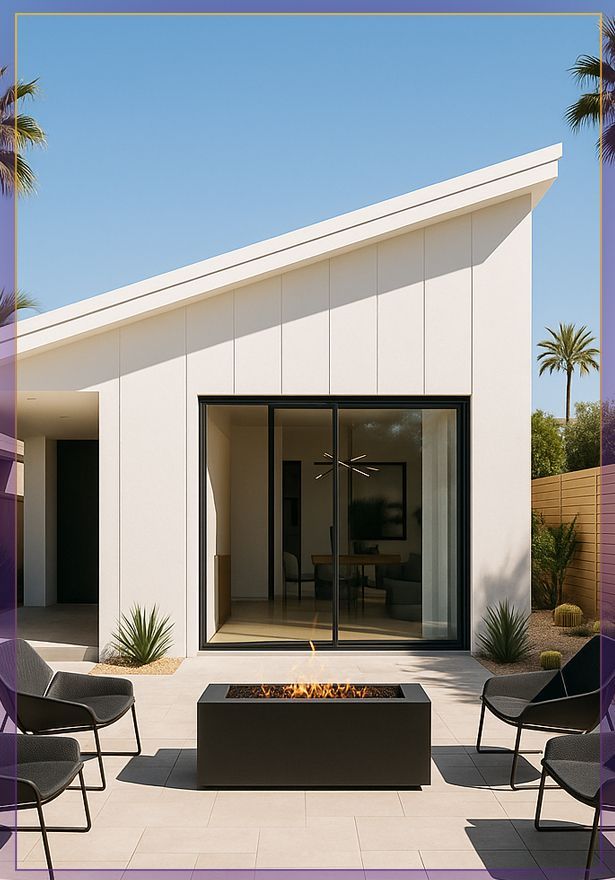 Modern white house patio with sliding glass door, fire pit, and outdoor chairs under a clear blue sky