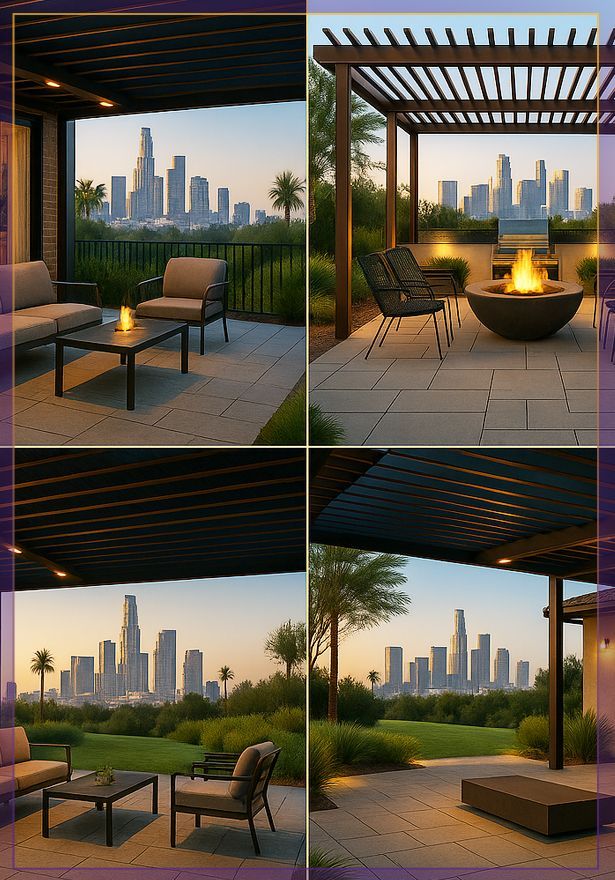 Four modern rooftop lounge views with pergolas, fire pit, and skyline at sunset