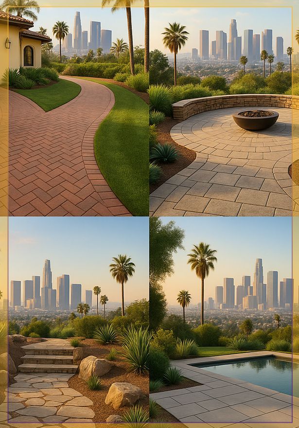 Four-panel garden scenes with winding paths, desert plants, palm trees, and a city skyline beyond the water.