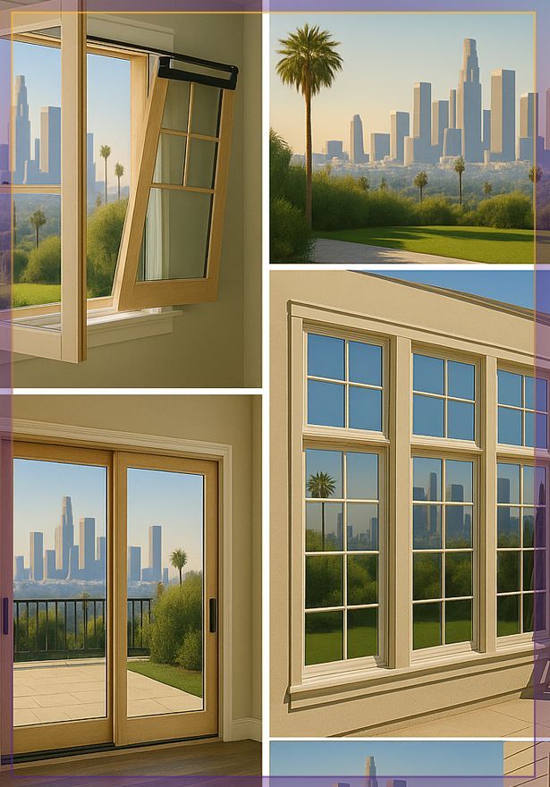 Collage of modern tan-framed windows and doors opening to a bright city skyline and greenery