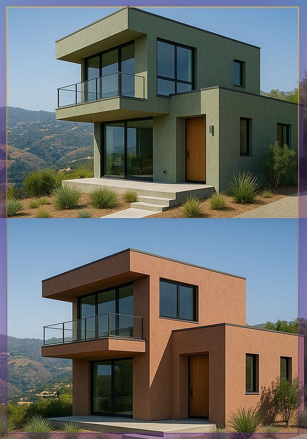 Modern two-story house with balcony and large windows, shown in green-gray and brick color variants.