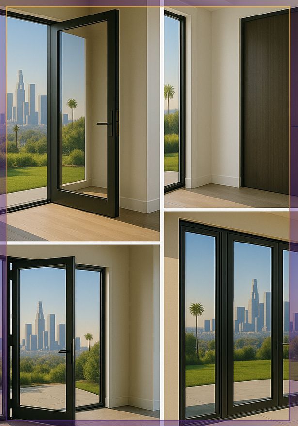 Four views of black-framed glass doors opening to a bright room with city skyline outside
