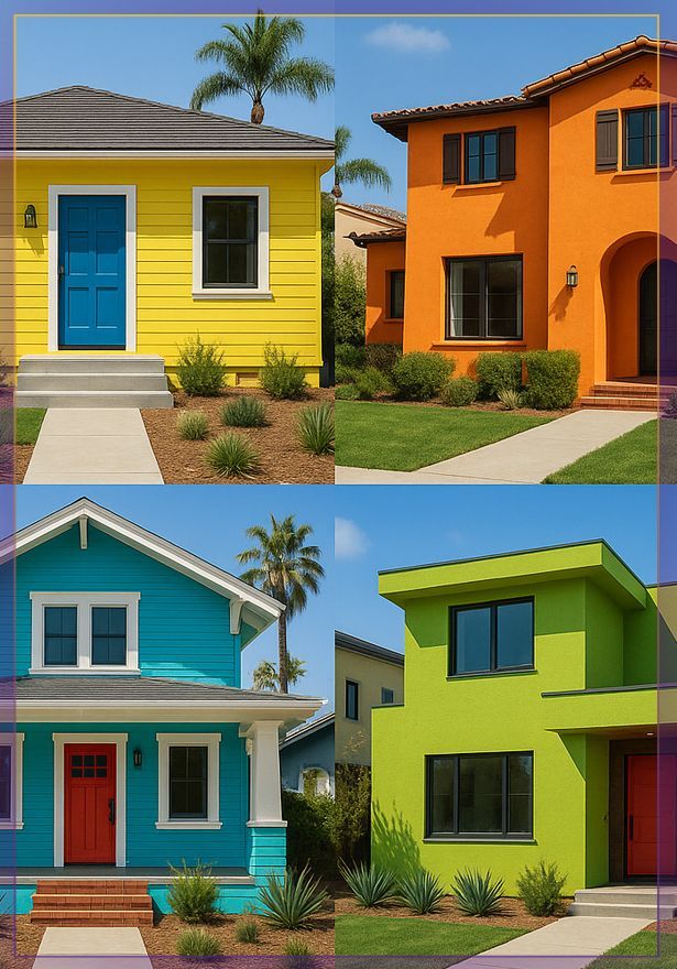 Colorful suburban houses with bright facades, front lawns, and palm trees under a sunny sky