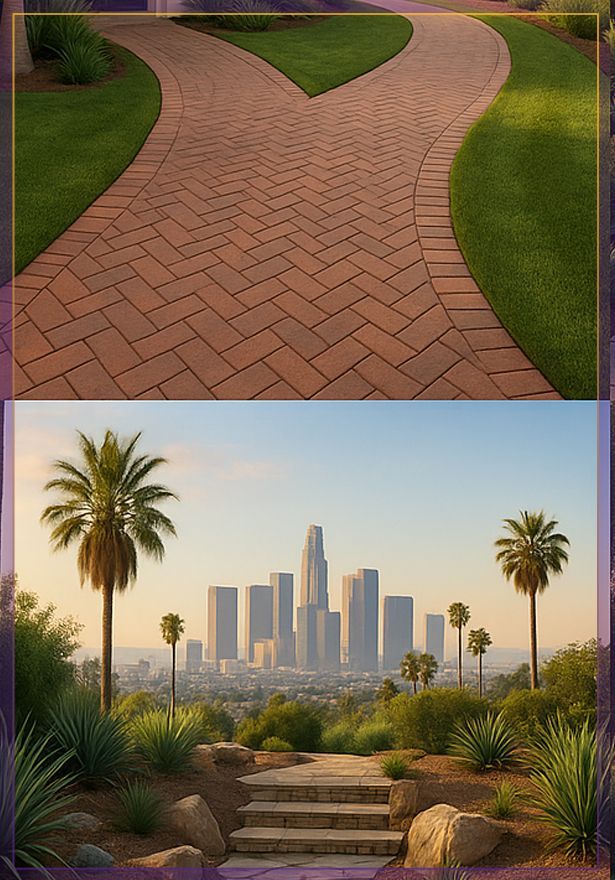 Two-panel image: brick path through green lawn above, city skyline framed by palm trees and steps below