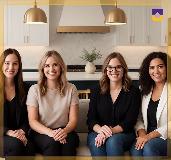 Four people seated on a couch in a modern living room, smiling at the camera.