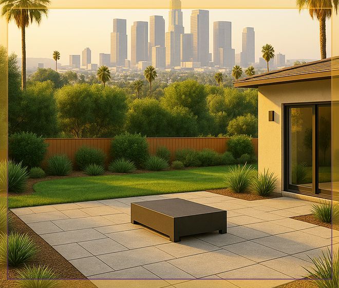 Sunlit patio with a low table, green garden, palm trees, and city skyline in the distance