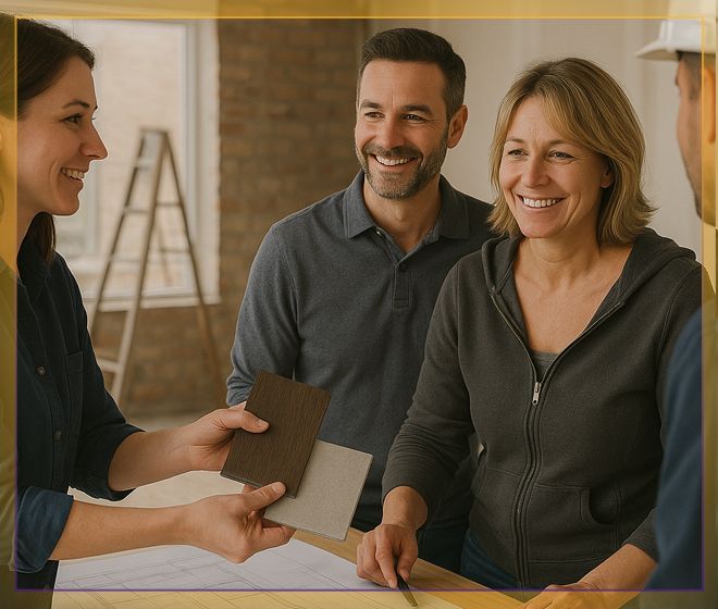 Three people smiling during a home renovation consultation, holding paint samples in a bright room.