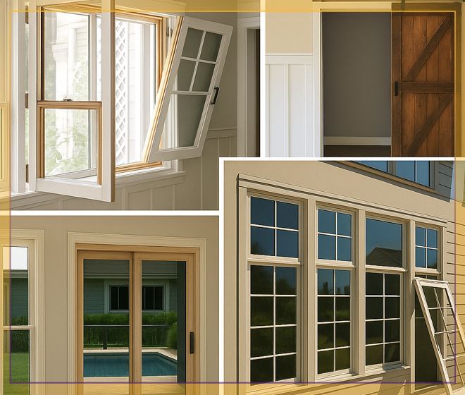 Collage of open windows and French doors on a house exterior, showing white trim and tan siding