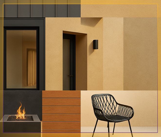 Modern patio with beige walls, black window and chair, wood bench, and a small fire pit