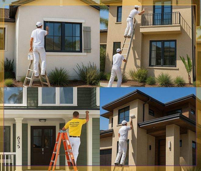 Workers painting house exteriors from ladders in four home renovation scenes