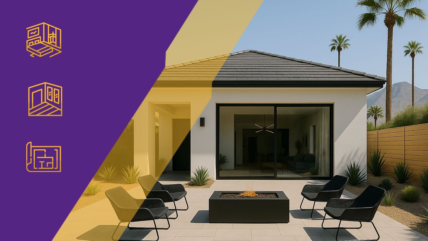 Modern house with patio seating, framed by a purple and gold diagonal graphic overlay
