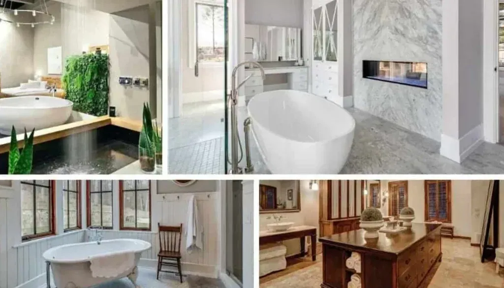 Collage of luxurious bathroom interiors with tubs, sinks, stone walls, and warm wood accents