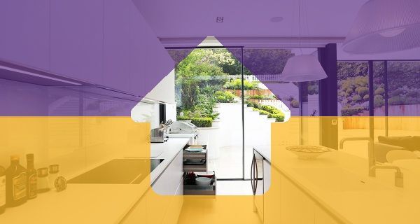 Modern kitchen opening to a bright garden, overlaid with purple and yellow geometric blocks.