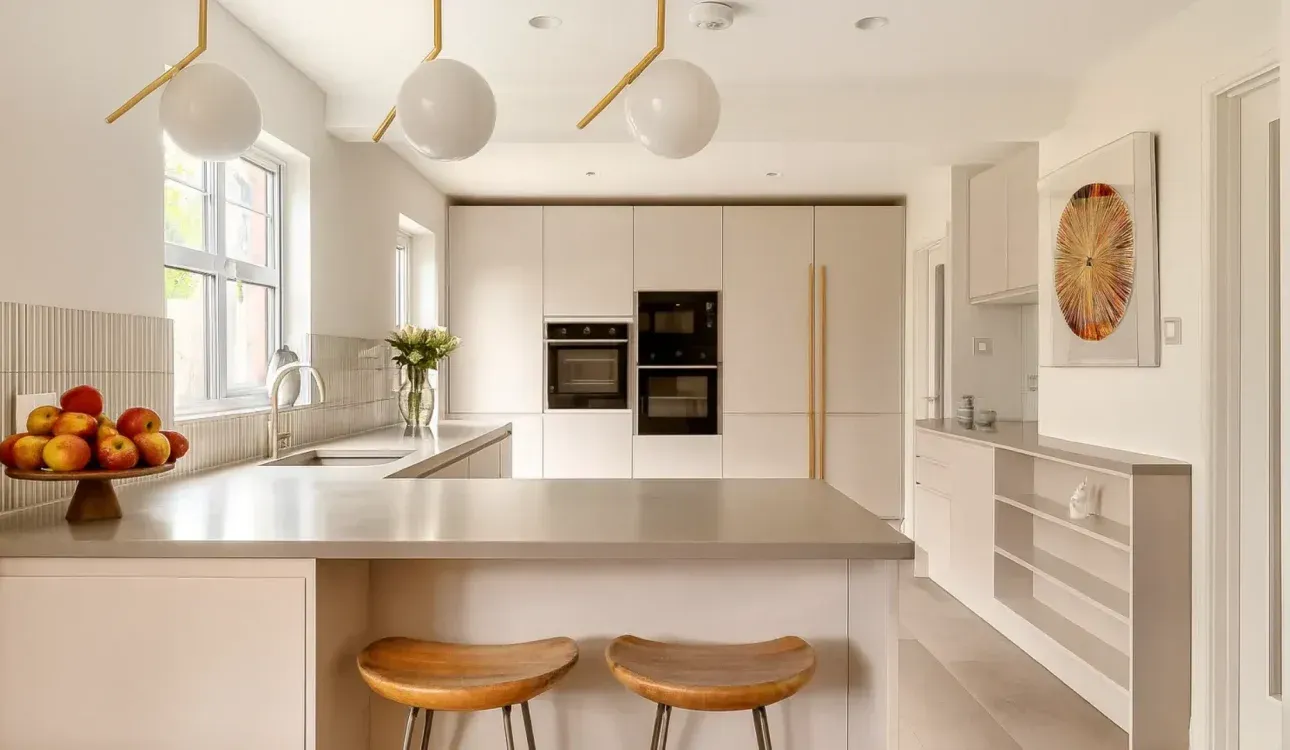 Bright modern kitchen with white cabinets, island, bar stools, and fruit bowl by the window