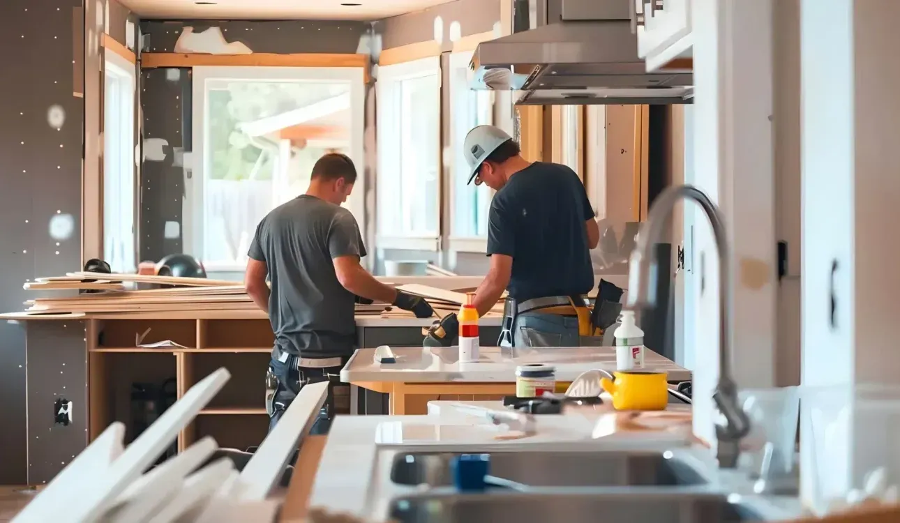Two workers installing cabinets in a bright kitchen under renovation