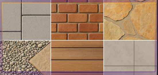 Collage of assorted tile and stone textures in gray, brown, and tan colors