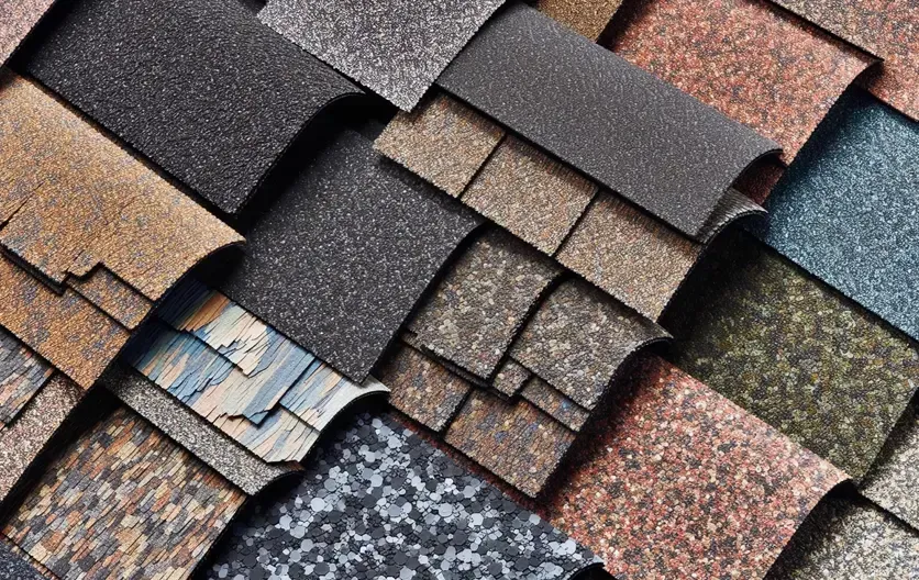 Assorted roofing shingles in gray, brown, blue, and speckled textures arranged in overlapping rows