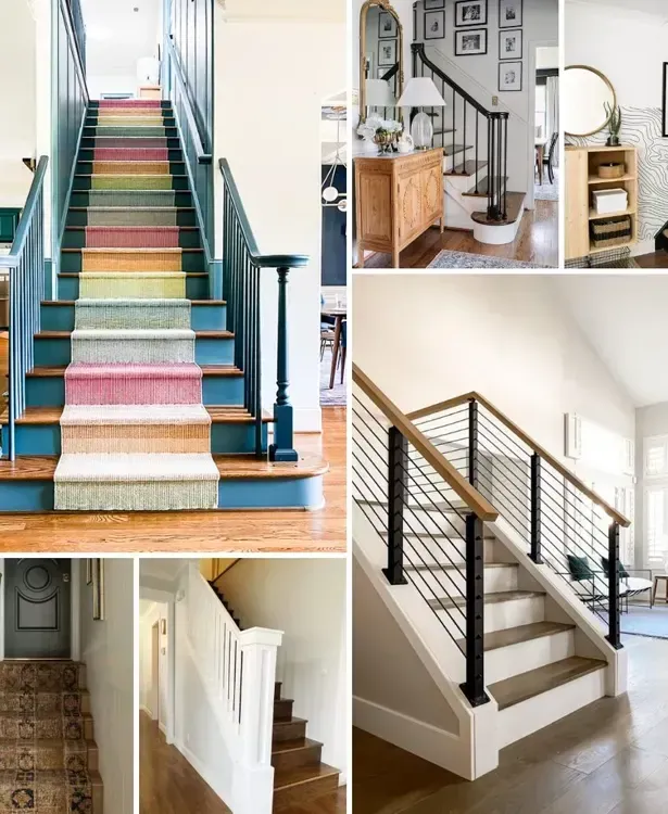 Collage of interior staircases with wooden, carpeted, and white railings in a home.