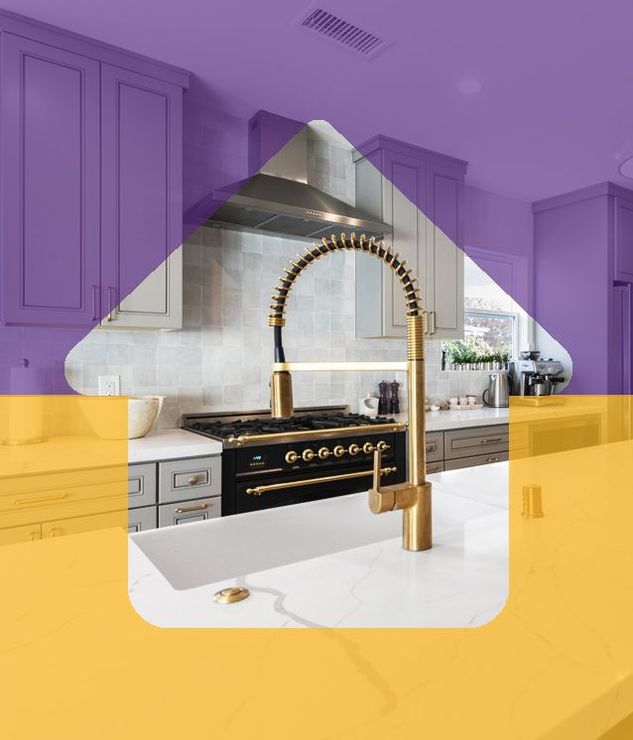 Modern kitchen with gold faucet and black stove, overlaid with purple and yellow geometric shapes