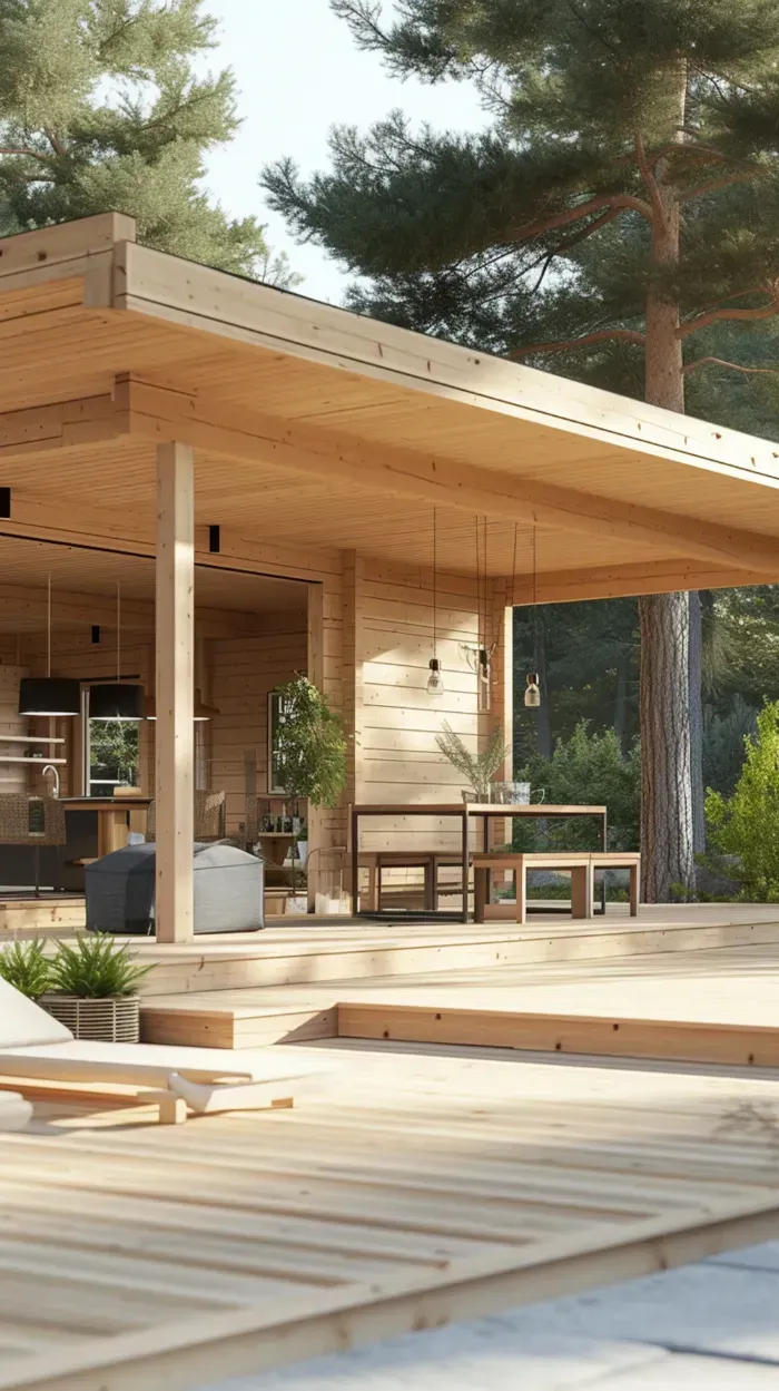 Wooden modern cabin deck with open patio, pine trees, and outdoor seating in warm sunlight